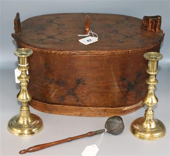 Swedish treen bin, pair candlesticks & ladle